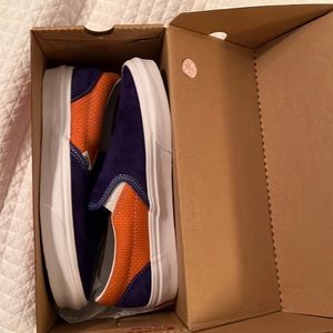 Royal blue and orange classic slip on vans - suade